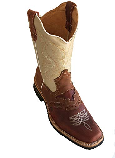 Men Genuine Cowhide Leather Square Toe Western Cowboy Boots