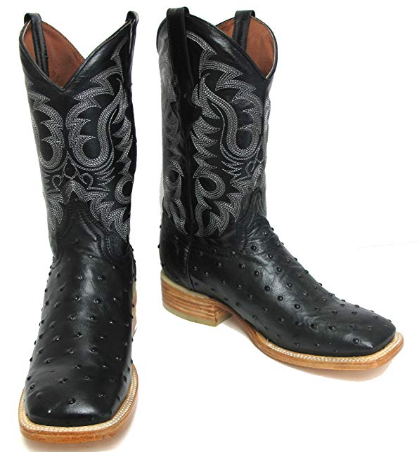 Hand Made Men's Crocodile Ostrich Quill Leather Cowboy Western Square Toe Boots Black