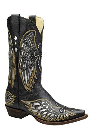 CORRAL Men's Black Silver Inlay Embroidered Wing Cross Snip Toe Cowboy Boots A1966