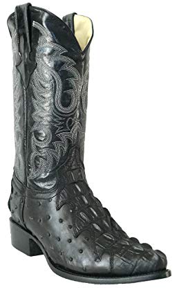 Hand Made Men's New Leather Ostrich Quill Crocodile Design Cowboy Western Boots J Toe Black