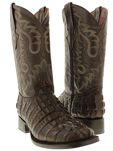 Team West - Men's Brown Crocodile Tail Print Leather Cowboy Boots Square