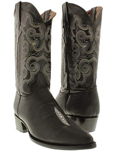 Team West - Mens Black Stingray Single Stone Print Leather Cowboy Boots