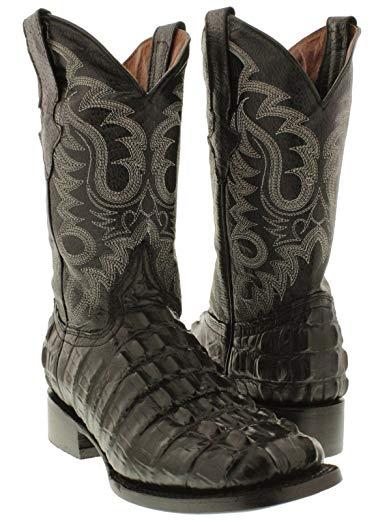 Team West - Men's Crocodile Boots Tail Cut Cowboy Western Square Toe Black Real Leather