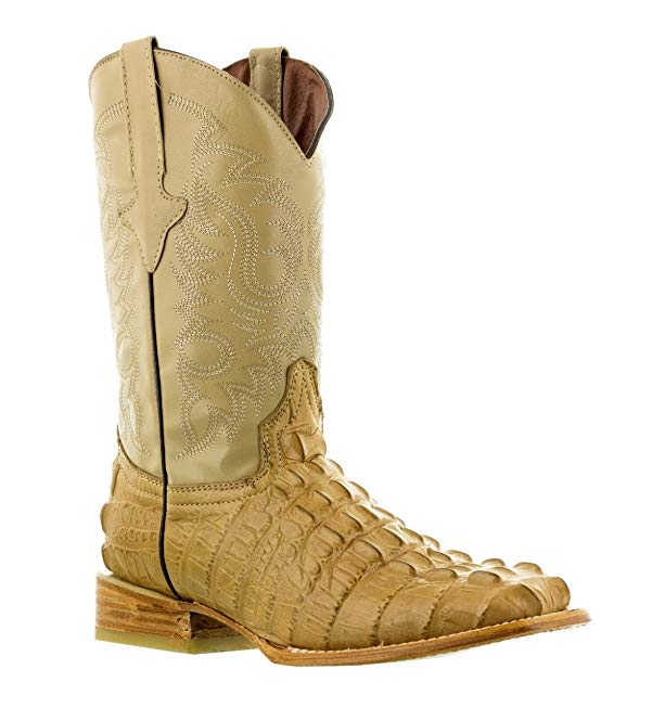 Hand Made Men's Crocodile Alligator Tail Cut Leather Cowboy Western Square Toe Boots Beige