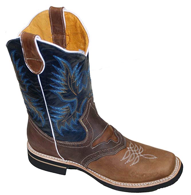 Men Cowboy Genuine Cowhide Leather Square Toe Rodeo Western Boots