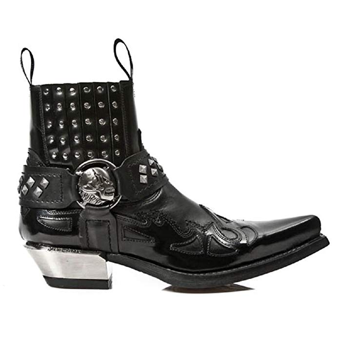 NewRock NEW ROCK M.7950-S1 Black Ankle Boots Western Goth Strap Skull Stud Metal