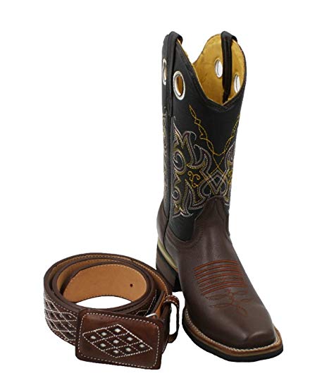 Men's Genuine Cowhide Leather Cowboy Square Toe Rodeo Boots with Free Belt