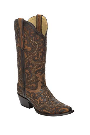 Corral Women's 13-inch Brown Full Overlay & Studs Snip Toe Pull-On Cowboy Boots - Sizes 5-12 B