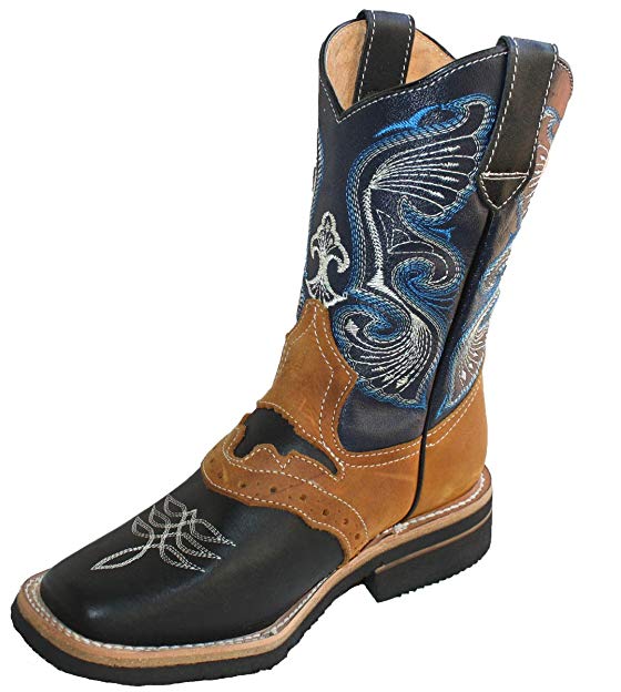 Men's Genuine Cow Hide Leather Cowboy Boots Square Toe Boots Black/Tan_9.5