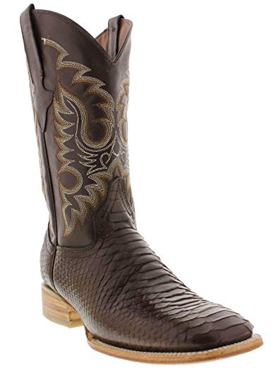 Hand Made Men's New Python Snake Leather Cowboy Western Square Toe Boots Brown