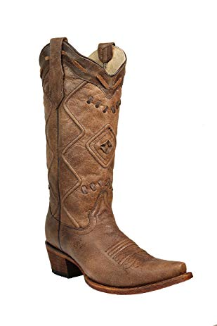 Corral Circle G Women's 13-inch Brown Corded Embroidery & Woven Snip Toe Pull-On Cowboy Boot